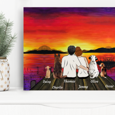 Custom personalized dog & owners canvas Pet remembrance print gift idea for the whole family - Sunset Couple Valentines day gifts for him her couple boyfriend girlfriend