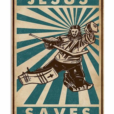 Retro Teal Hockey Jesus Saves Canvas Print Wall Art