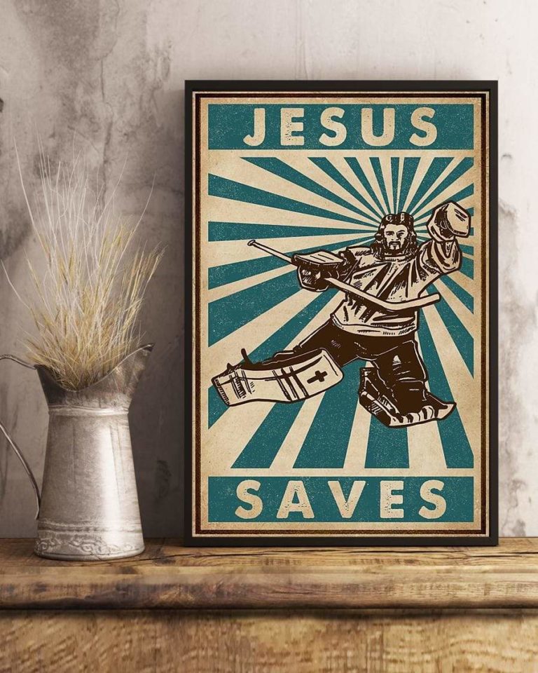 Retro Teal Hockey Jesus Saves Canvas Print Wall Art