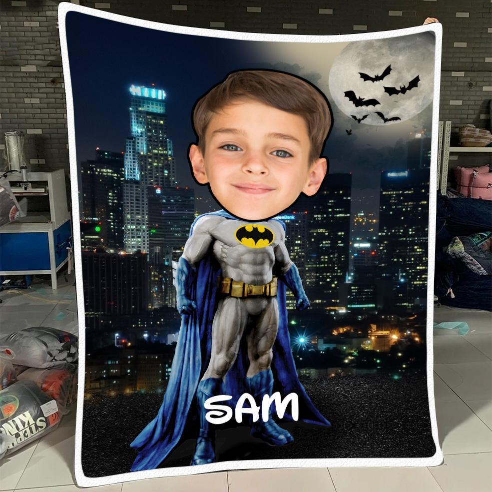 Personalized Kid Blanket - Personalized Hand-Drawing Kid's Photo Portrait Bat-man Blanket IX - Childrens Gift for Her/Him Toddler Children's Blanket - birthday, christmas day- Custom your name and photo
