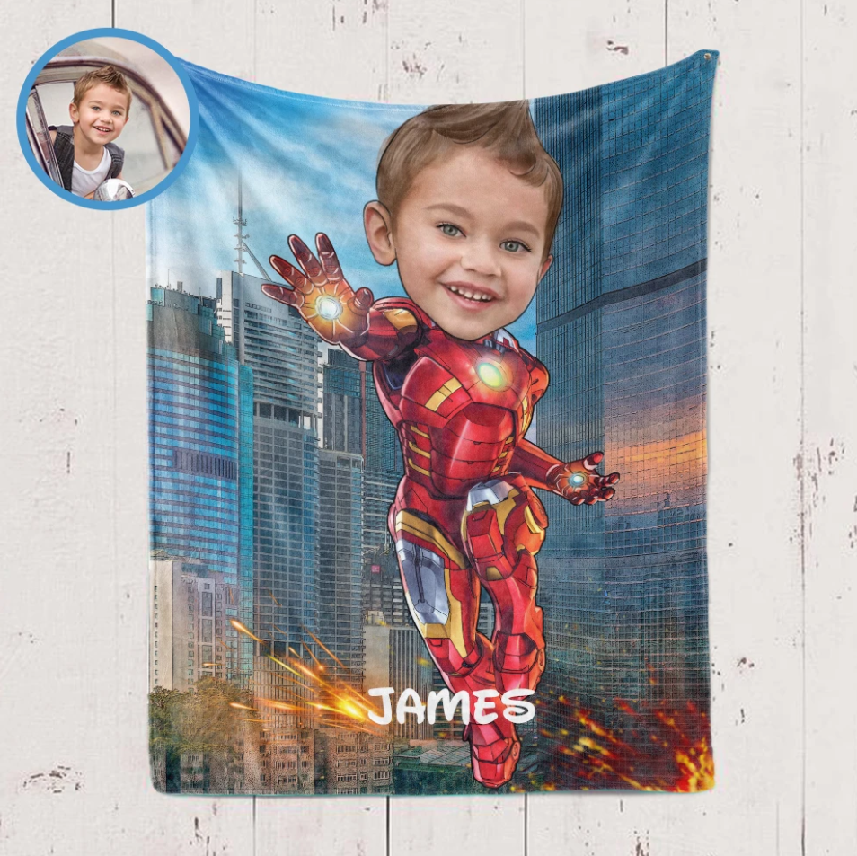 Personalized Kid Blanket - Personalized Hand-Drawing Kid's Photo Portrait Iron-man Blanket IV - Childrens Gift for Her/Him Toddler Children's Blanket - birthday, christmas day- Custom your name and photo