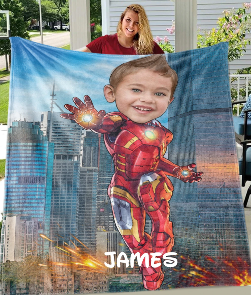 Personalized Kid Blanket - Personalized Hand-Drawing Kid's Photo Portrait Iron-man Blanket IV - Childrens Gift for Her/Him Toddler Children's Blanket - birthday, christmas day- Custom your name and photo