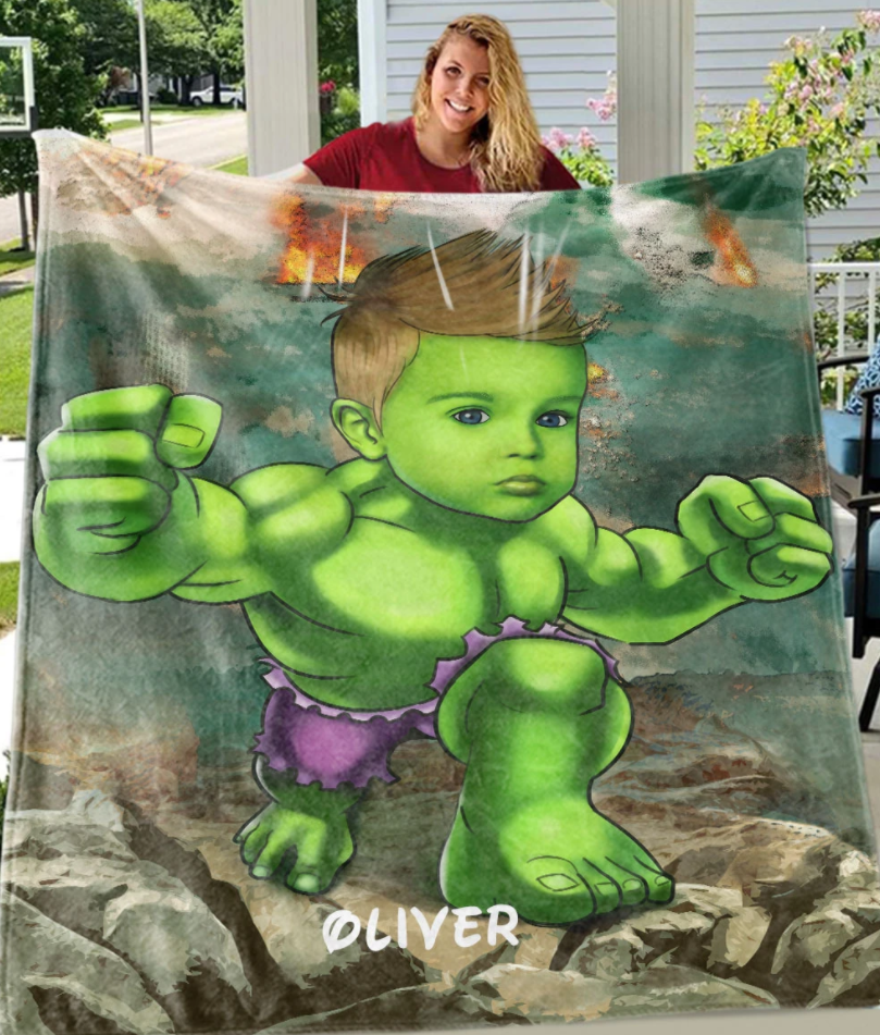 Personalized Kid Blanket - Personalized Hand-Drawing Kid's Photo Portrait H-ulk Blanket I - Childrens Gift for Her/Him Toddler Children's Blanket - birthday, christmas day- Custom your name and photo