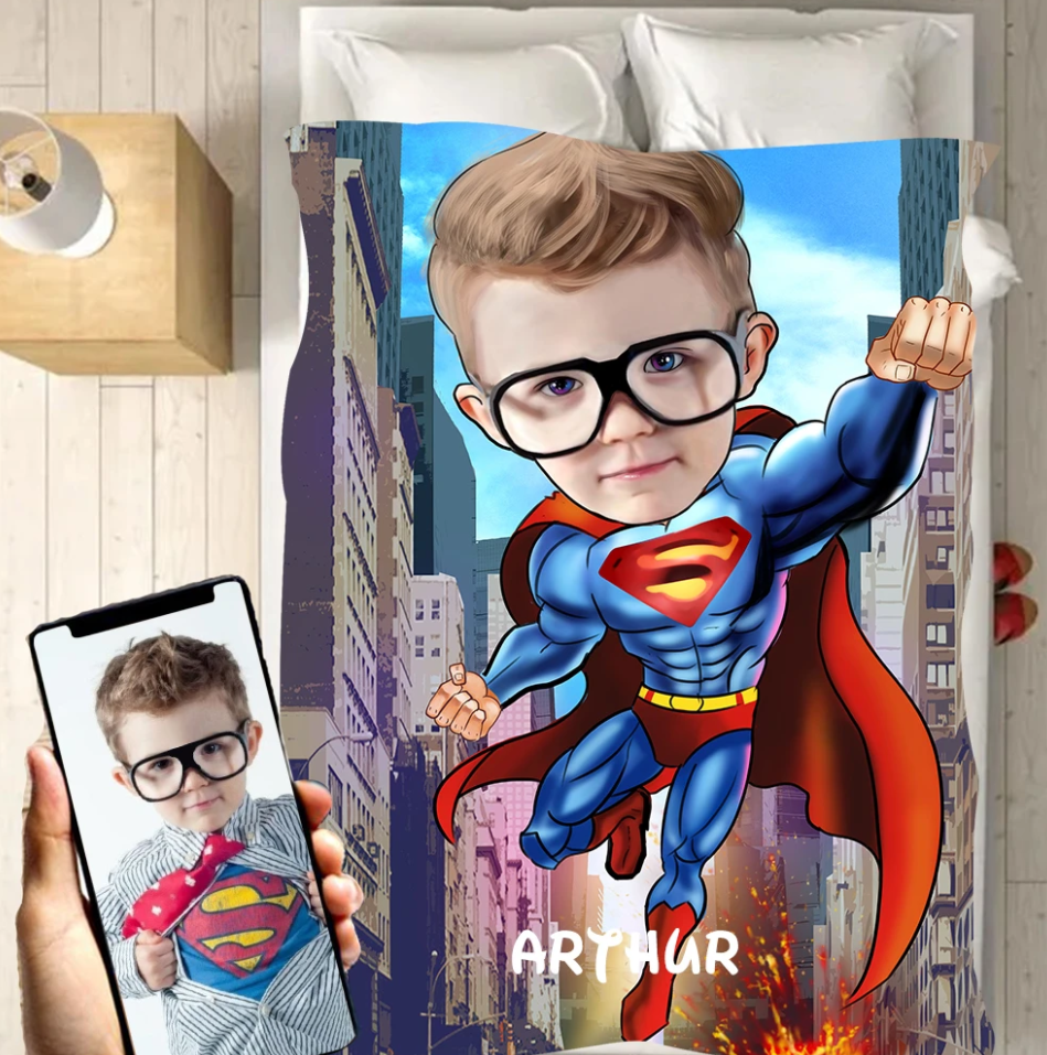 Personalized Kid Blanket - Personalized Hand-Drawing Kid's Photo Portrait Super-man Blanket III - Childrens Gift for Her/Him Toddler Children's Blanket - birthday, christmas day- Custom your name and photo