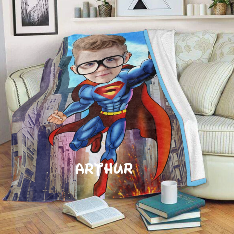 Personalized Kid Blanket - Personalized Hand-Drawing Kid's Photo Portrait Super-man Blanket III - Childrens Gift for Her/Him Toddler Children's Blanket - birthday, christmas day- Custom your name and photo