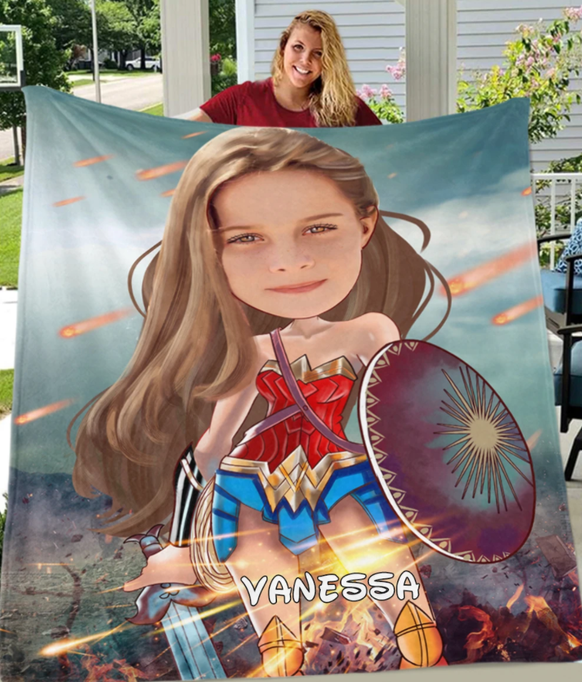 Personalized Kid Blanket - Personalized Hand-Drawing Kid's Photo Portrait Super-woman Blanket V - Childrens Gift for Her/Him Toddler Children's Blanket - birthday, christmas day- Custom your name and photo