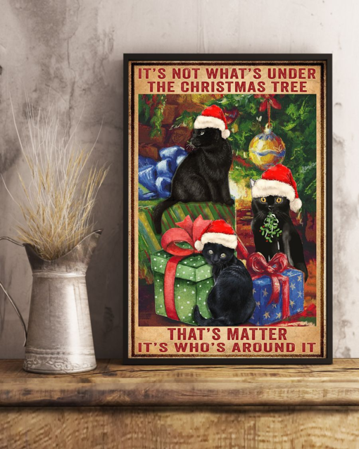 Black Cat Under Christmas Tree Poster Canvas Vintage Poster Canvas