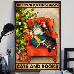 Cats And Books Christmas Poster Canvas Vintage Poster Canvas