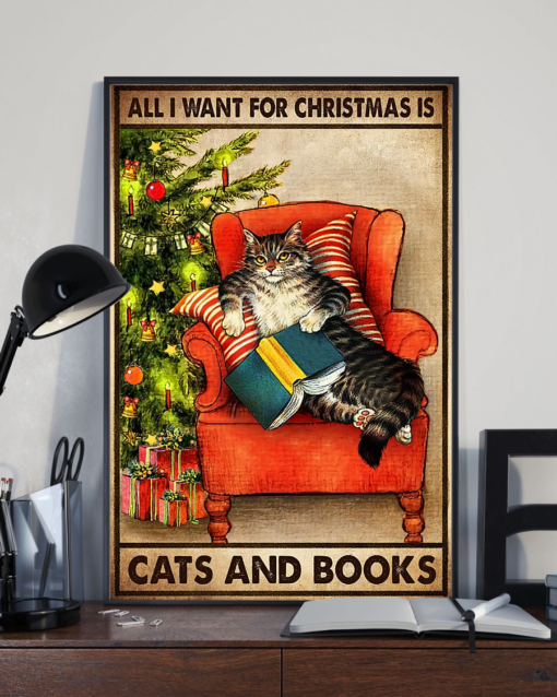 Cats And Books Christmas Poster Canvas Vintage Poster Canvas