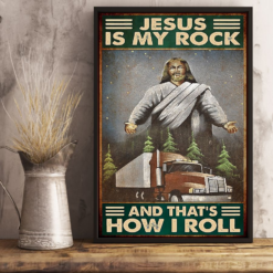 Trucker God Poster Canvas Jesus Is My Rock and That's How I Roll Vintage Poster Canvas