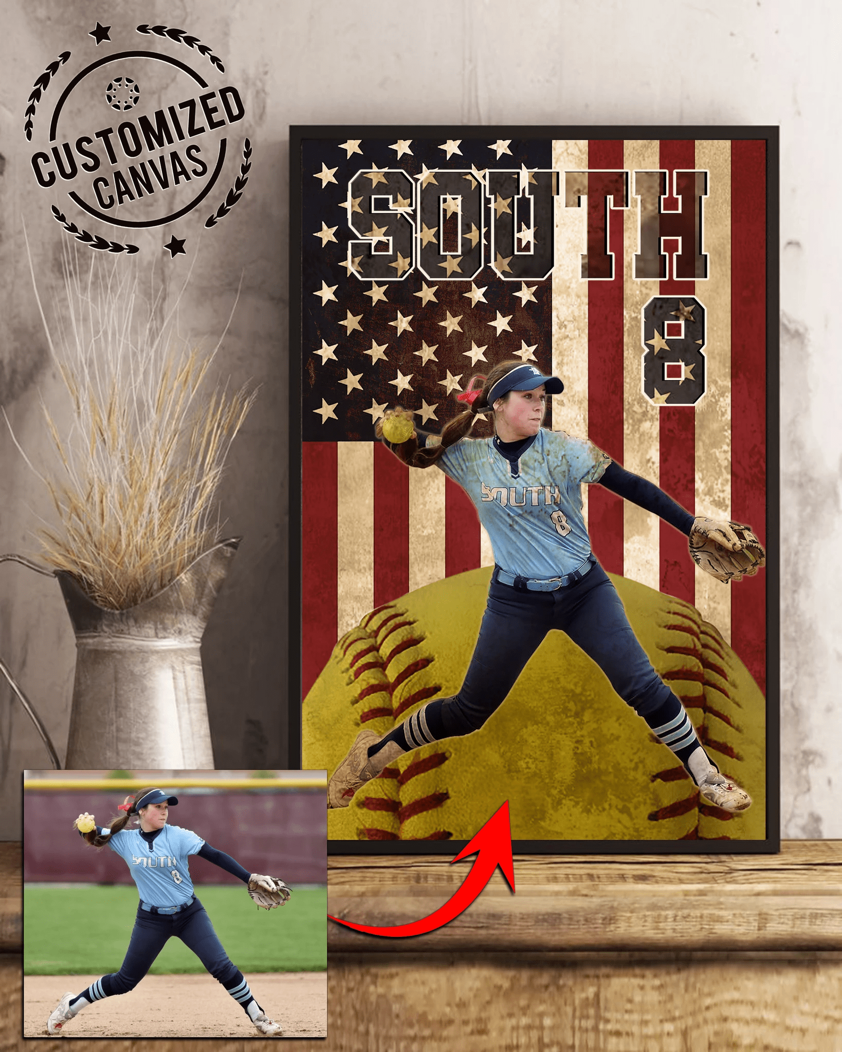 Custom Softball Player Flag Canvas Prints With Photo