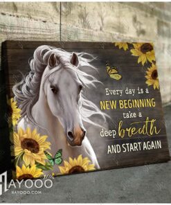 Hayooo Awesome White Horse And Sunflowers Canvas Every Day Is A New Beginning Wall Art Decor