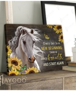 Hayooo Awesome White Horse And Sunflowers Canvas Every Day Is A New Beginning Wall Art Decor
