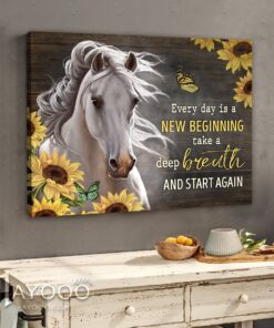 Hayooo Awesome White Horse And Sunflowers Canvas Every Day Is A New Beginning Wall Art Decor