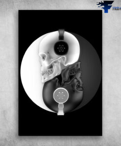 Skull Listen To Music With Headphone Yin Yang Black And White